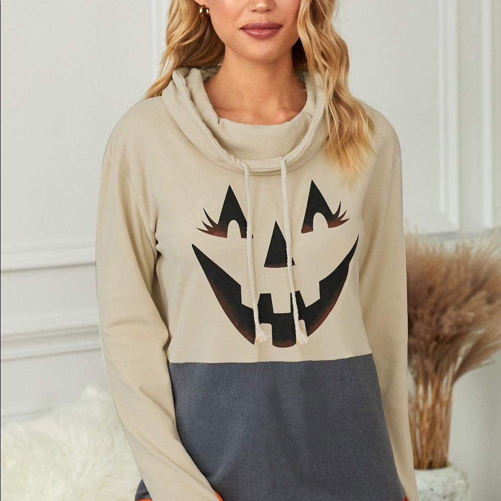 Halloween Print Color Block Drawstring Sweatshirt - Picture 10 of 14